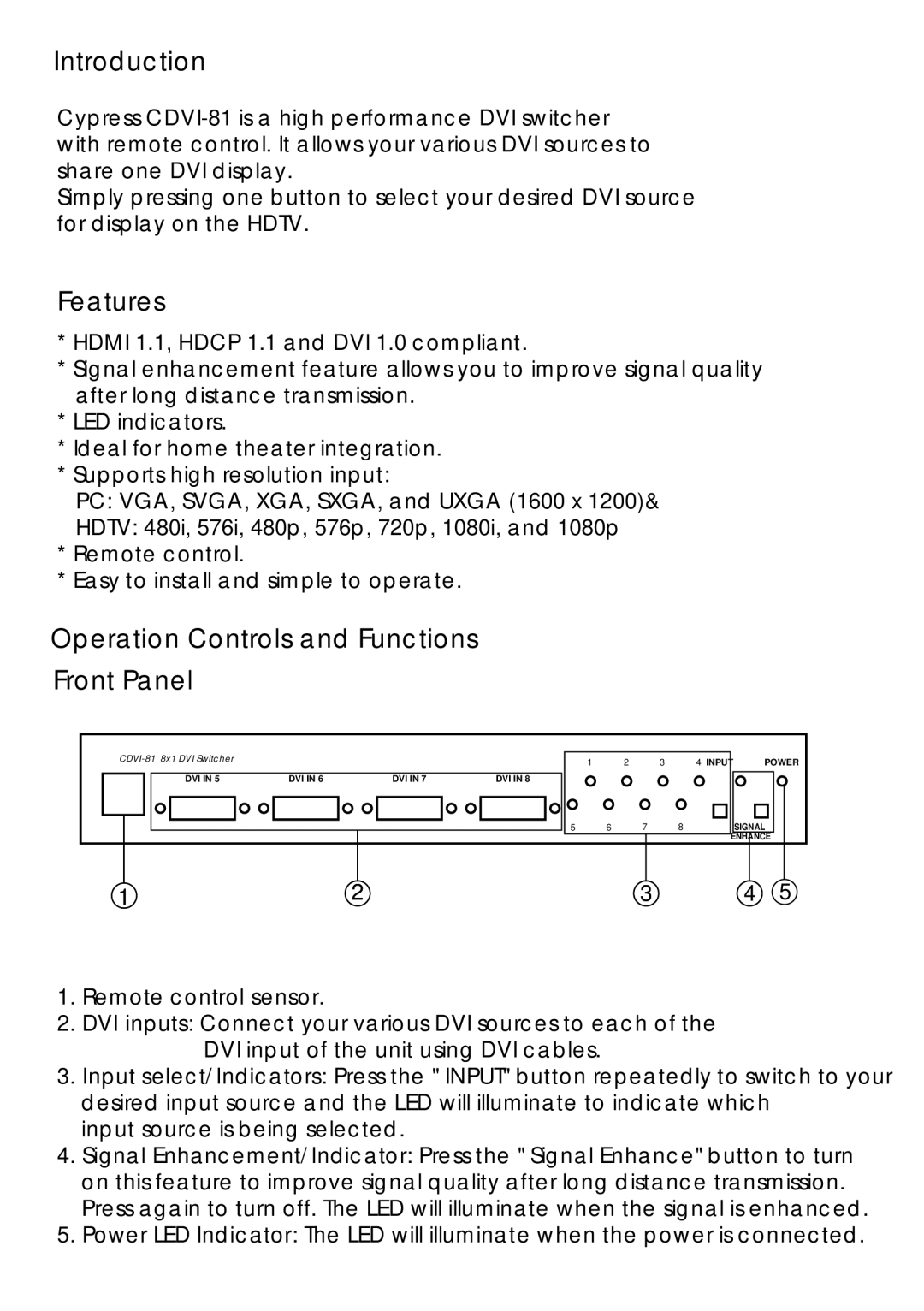 Video Products SE-DVI-8-LC operation manual Introduction, Features, Operation Controls and Functions Front Panel 