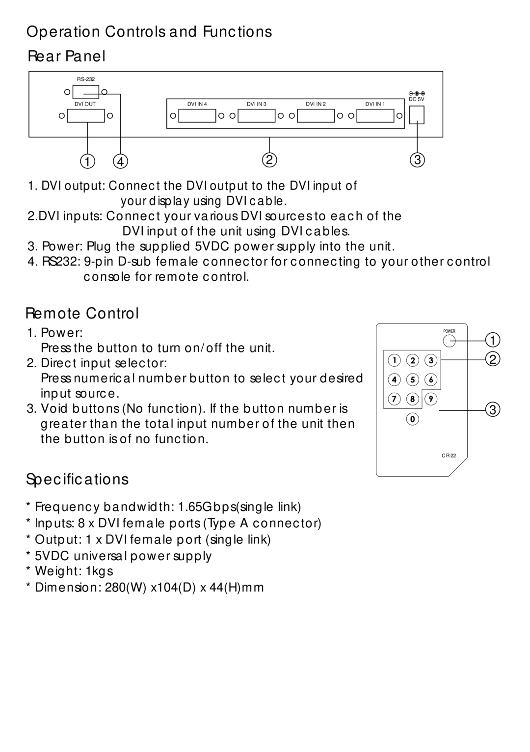 Video Products SE-DVI-8-LC operation manual Operation Controls and Functions Rear Panel, Remote Control, Specifications 