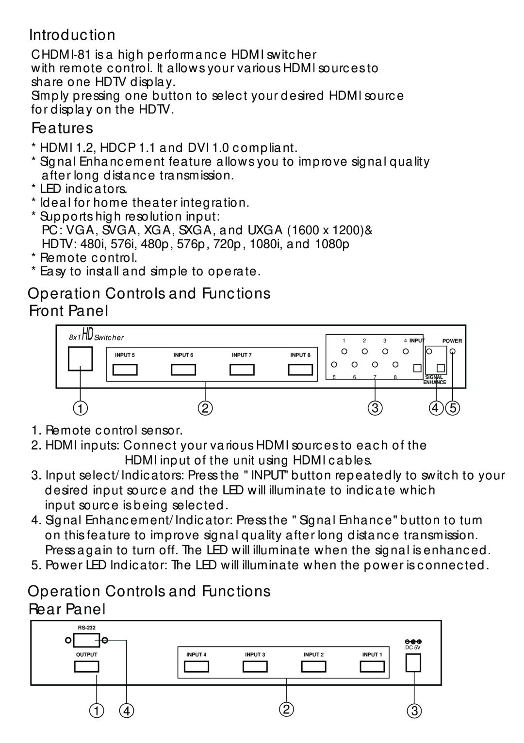 Video Products SE-HDMI-8-LC Introduction, Features, Operation Controls and Functions Front Panel, Remote control sensor 