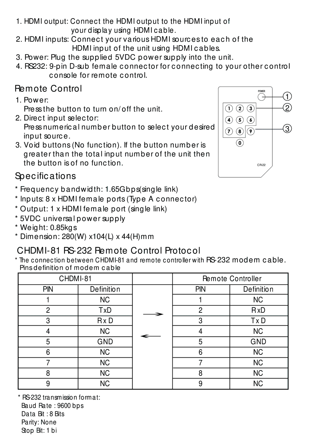 Video Products SE-HDMI-8-LC operation manual Specifications, CHDMI-81 RS-232 Remote Control Protocol, Remote Controller 