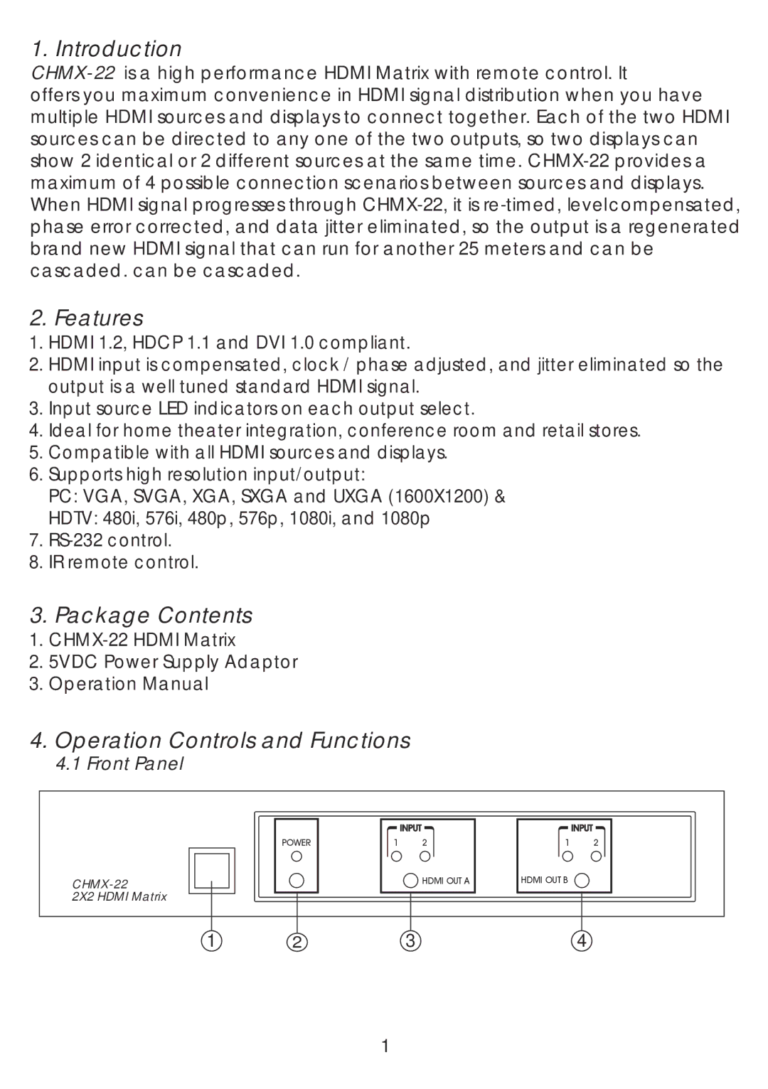 Video Products SM-2X2-HDMI-LC Introduction, Features, Package Contents, Operation Controls and Functions, Front Panel 