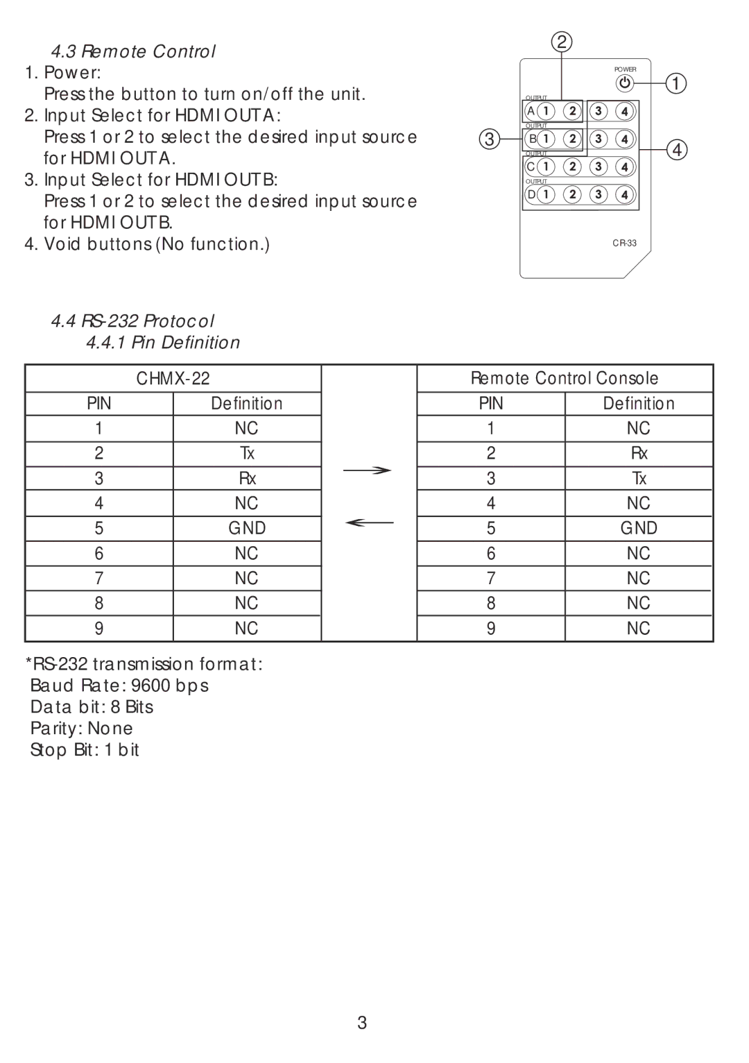 Video Products SM-2X2-HDMI-LC manual Remote Control, RS-232 Protocol Pin Definition, CHMX-22 