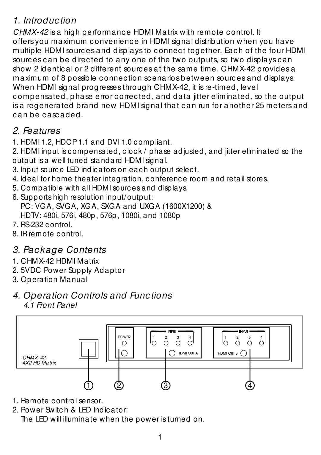 Video Products SM-4X2-HDMI-LC Introduction, Features, Package Contents, Operation Controls and Functions, Front Panel 