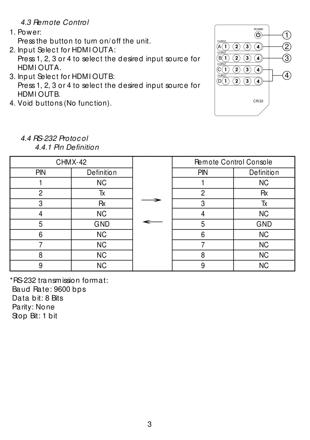 Video Products SM-4X2-HDMI-LC operation manual Remote Control, RS-232 Protocol Pin Definition, CHMX-42 