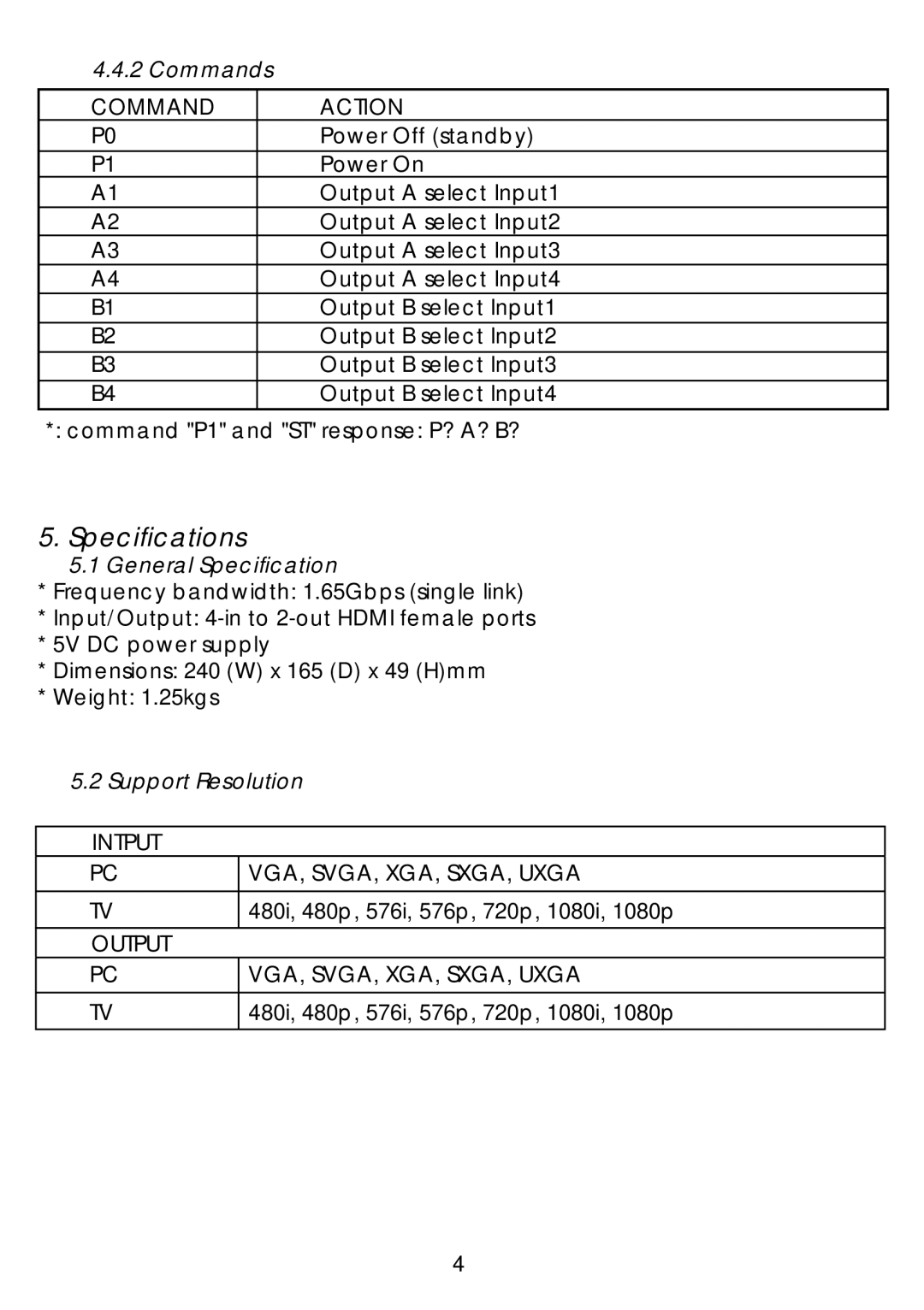 Video Products SM-4X2-HDMI-LC operation manual Specifications, Commands, General Specification, Support Resolution 