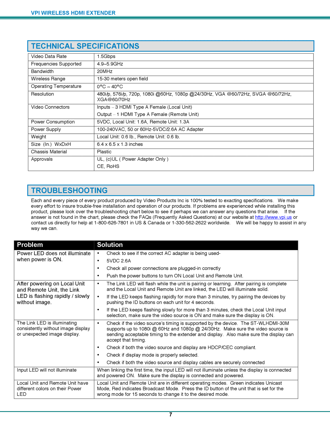 Video Products ST-WLHDMI-R-30M, ST-WLHDMI-L-30M operation manual Technical Specifications, Troubleshooting 