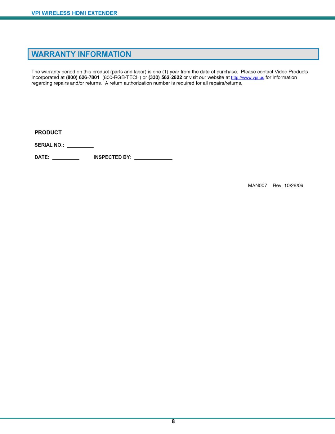 Video Products ST-WLHDMI-L-30M, ST-WLHDMI-R-30M operation manual Warranty Information 