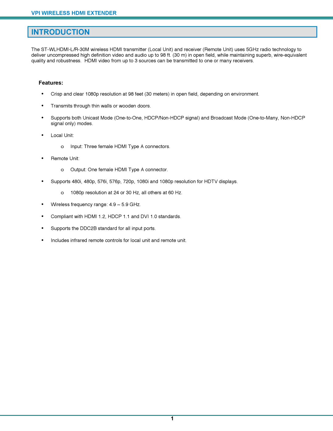 Video Products ST-WLHDMI-R-30M, ST-WLHDMI-L-30M operation manual Introduction, Features 