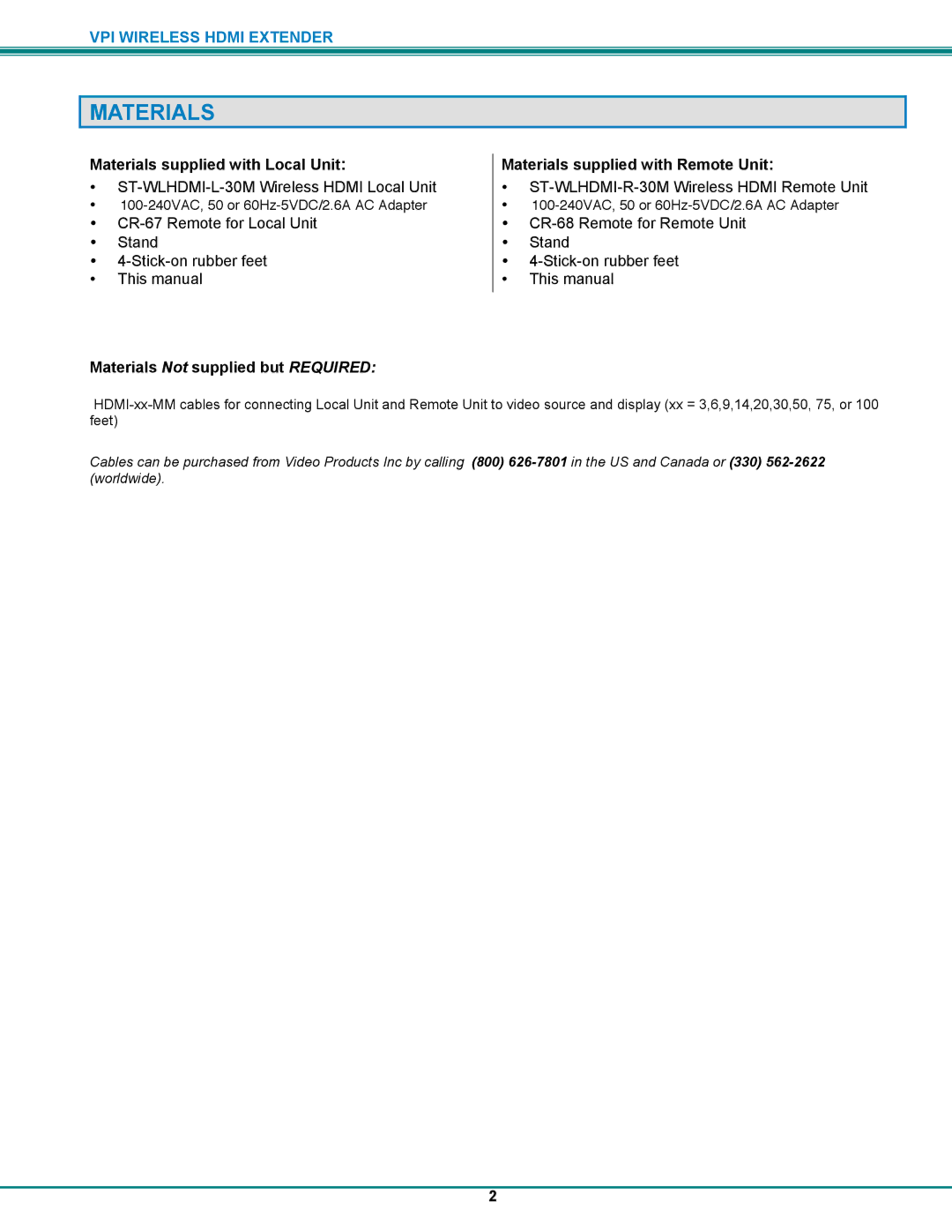 Video Products ST-WLHDMI-L-30M, ST-WLHDMI-R-30M operation manual Materials supplied with Local Unit 