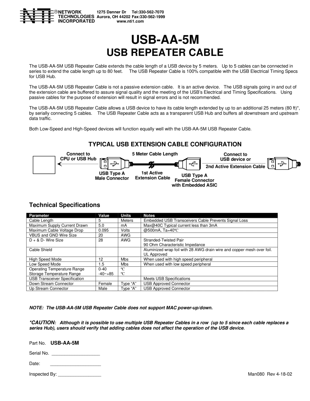 Video Products USB-AA-5M technical specifications Nti, USB Repeater Cable, Typical USB Extension Cable Configuration 