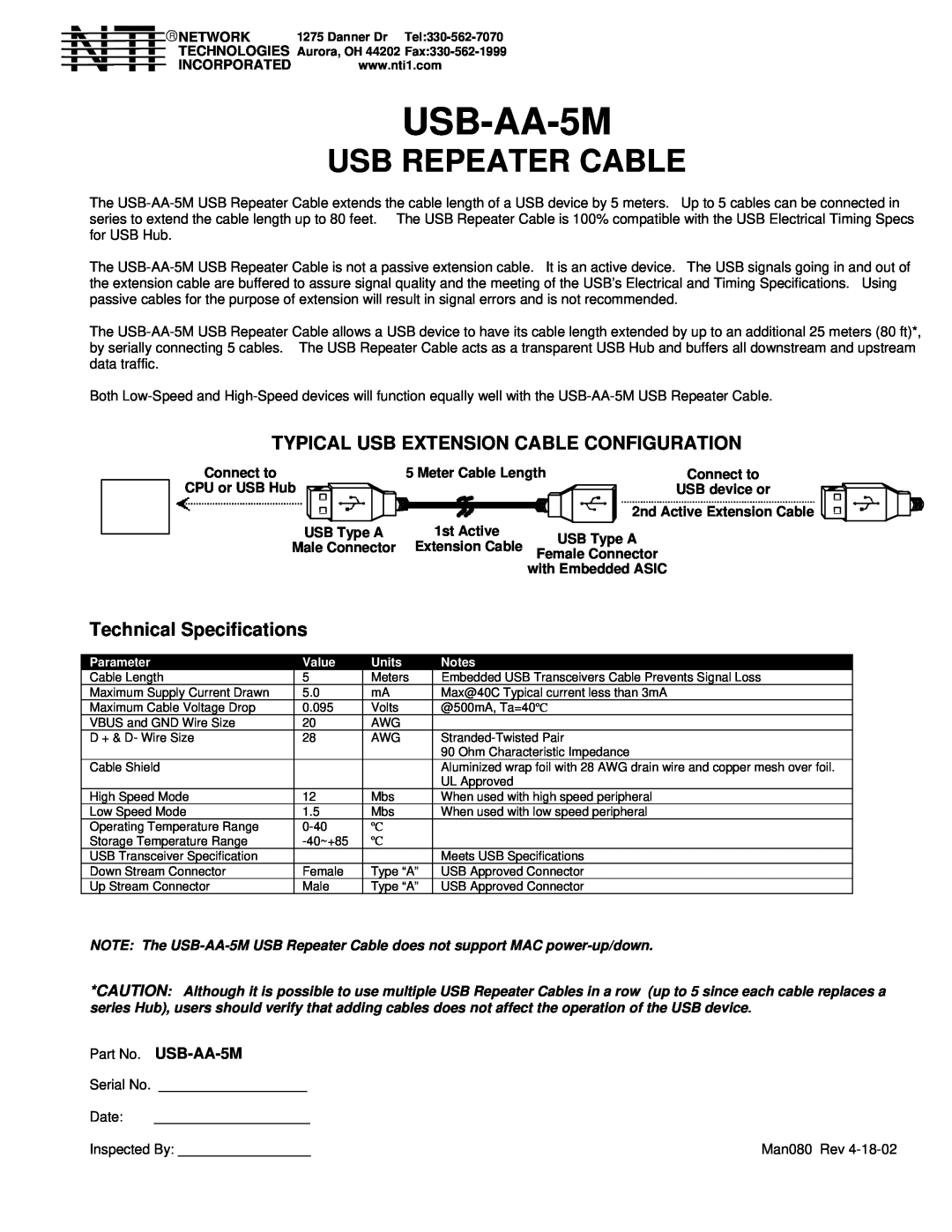 Video Products USB-AA-5M technical specifications Usb Repeater Cable, Typical Usb Extension Cable Configuration 