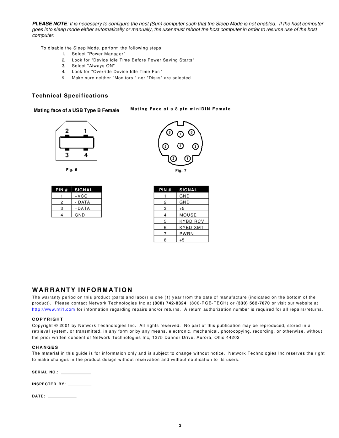 Video Products USB-SUN manual Technical Specifications, Mating face of a USB Type B Female, P Y R I G H T, A N G E S 