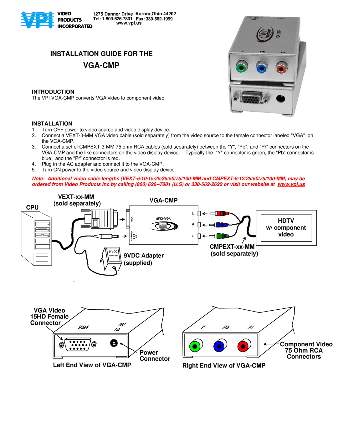 Video Products VGA-CMP manual Products, Introduction, Installation 