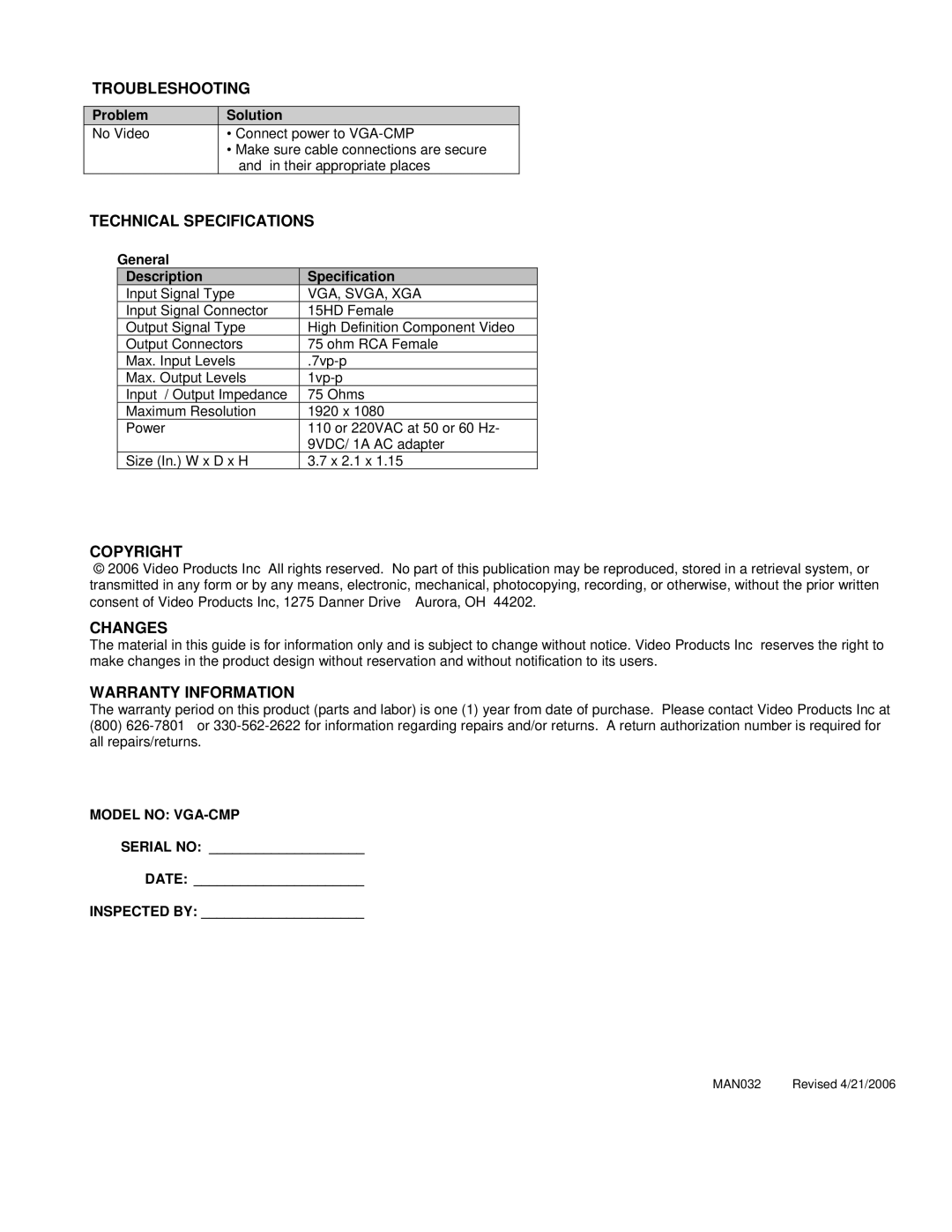 Video Products VGA-CMP manual Troubleshooting, Technical Specifications, Copyright, Changes, Warranty Information 