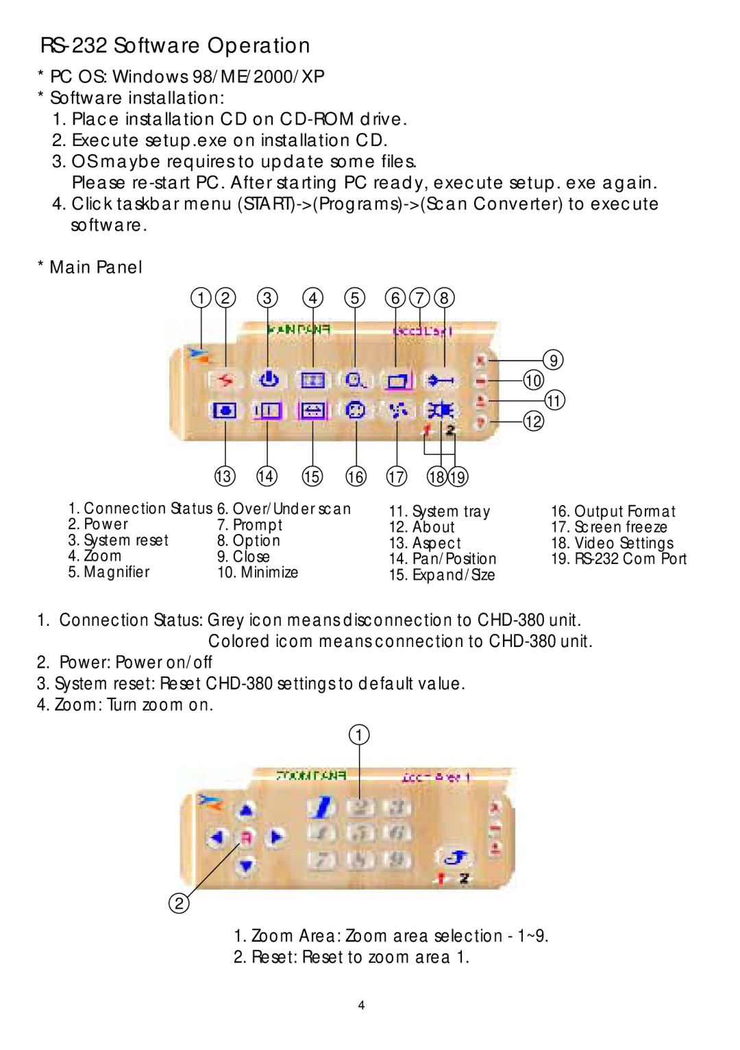 Video Products VGACMP-TV manual RS-232 Software Operation, PC OS Windows 98/ME/2000/XP Software installation, Main Panel 