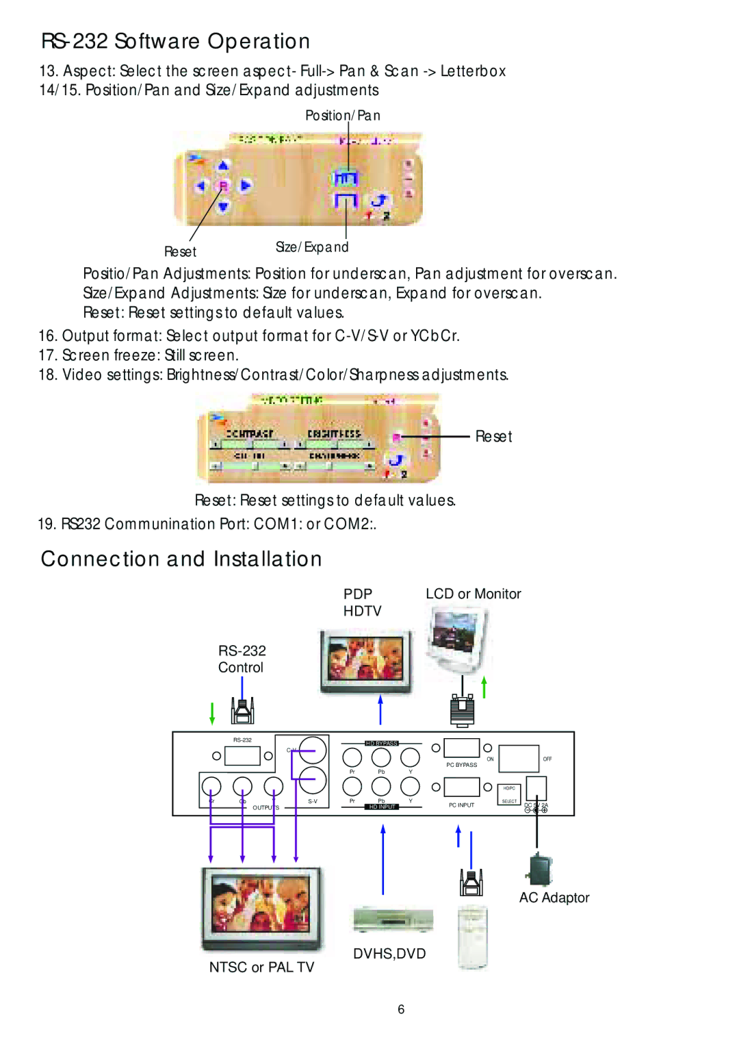 Video Products VGACMP-TV manual Connection and Installation, 14/15. Position/Pan and Size/Expand adjustments 