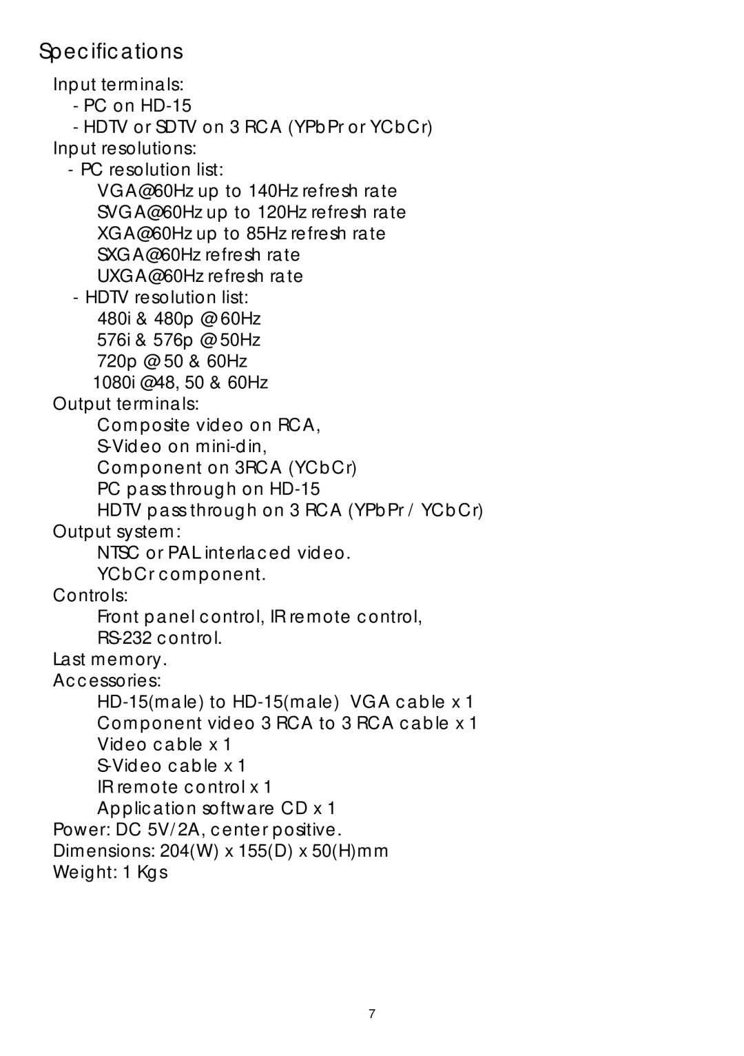 Video Products VGACMP-TV manual Specifications 