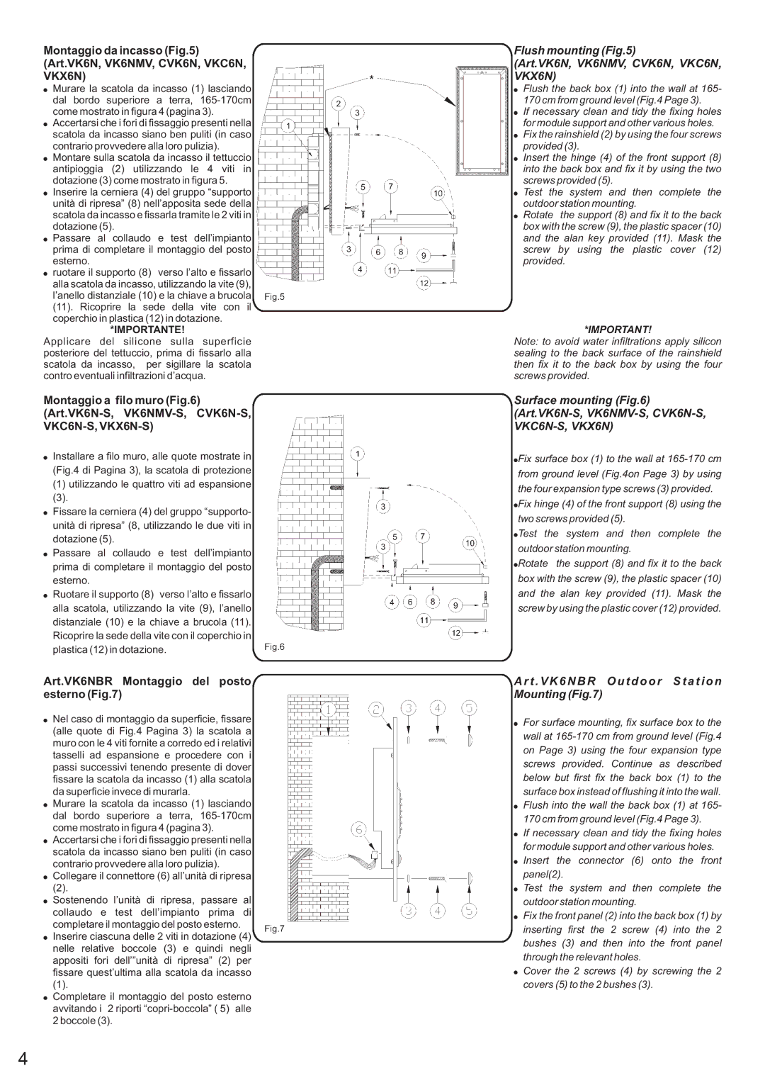 Videx owner manual Flush mounting Art.VK6N, VK6NMV, CVK6N, VKC6N, VKX6N 