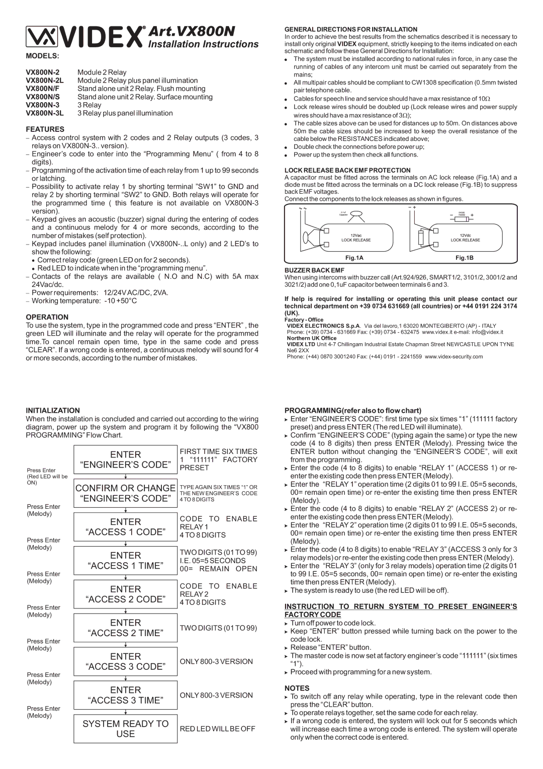 Videx VX800N-2L, VX800N/F installation instructions Models, Features, Operation, Initialization 