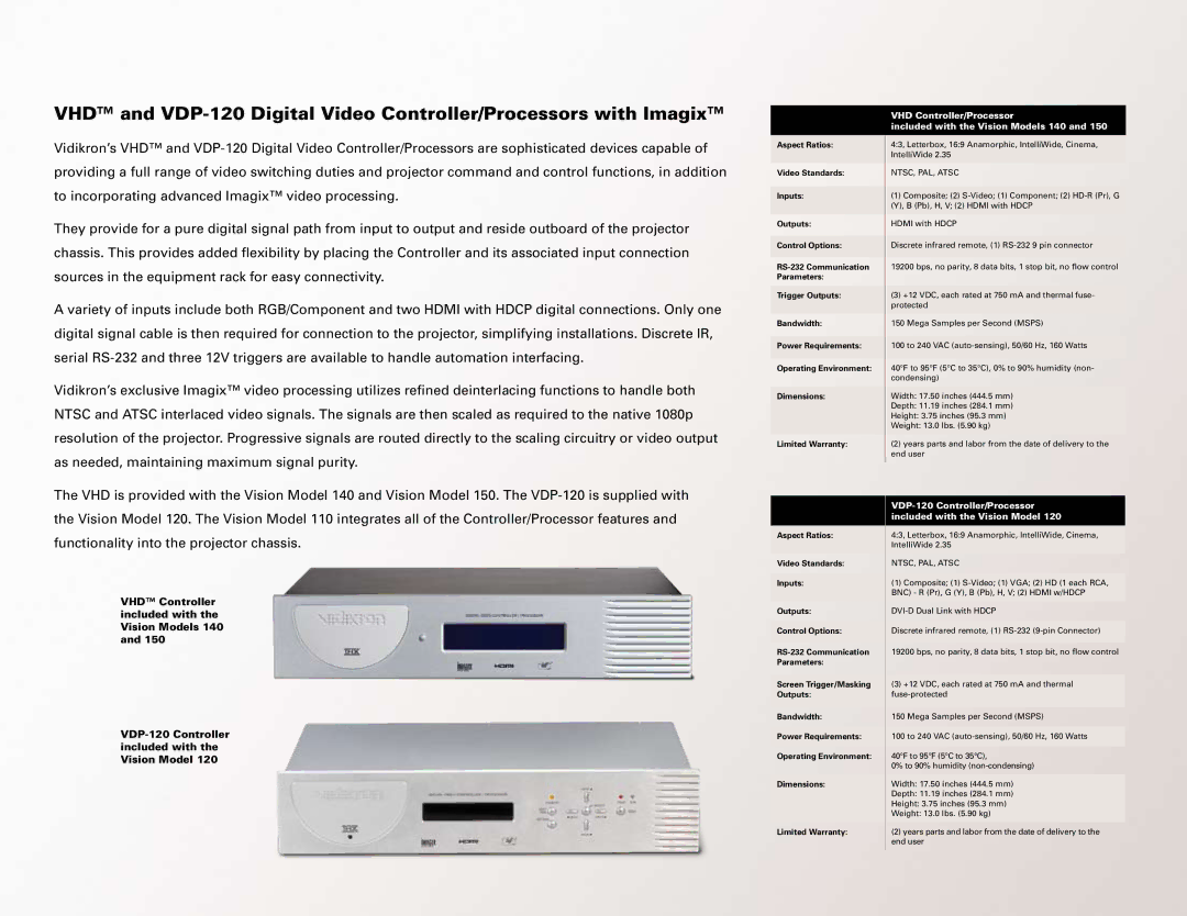 Vidikron 130 manual VHD Controller/Processor Included with the Vision Models 140 