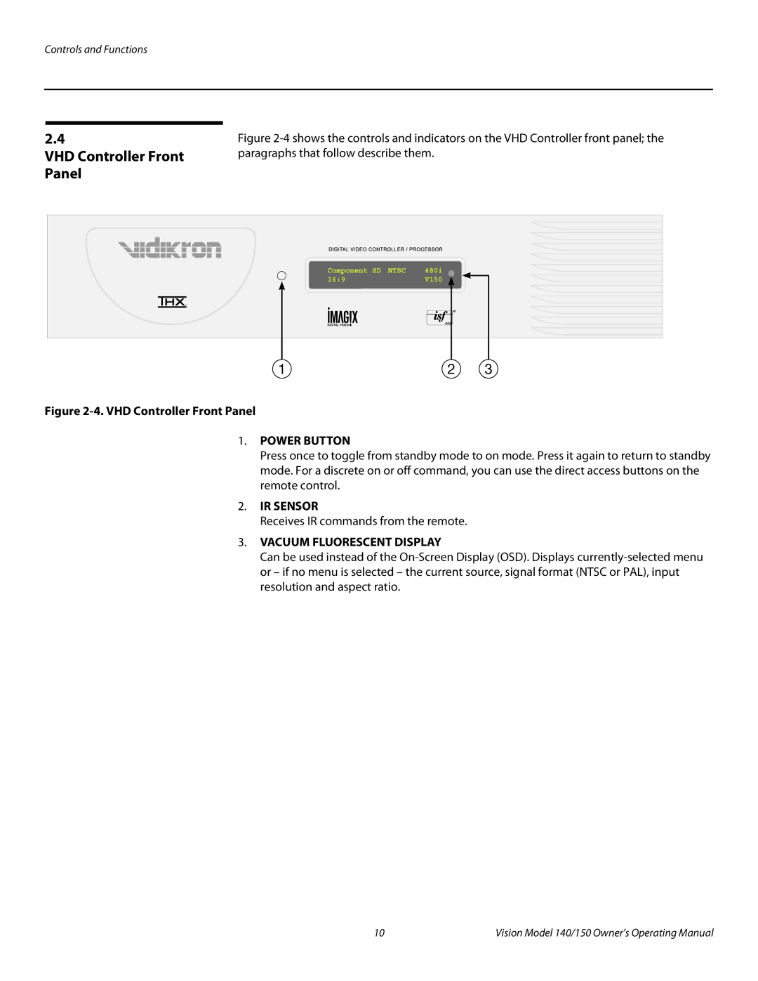 Vidikron 140/150 manual VHD Controller Front Panel, IR Sensor, Vacuum Fluorescent Display 