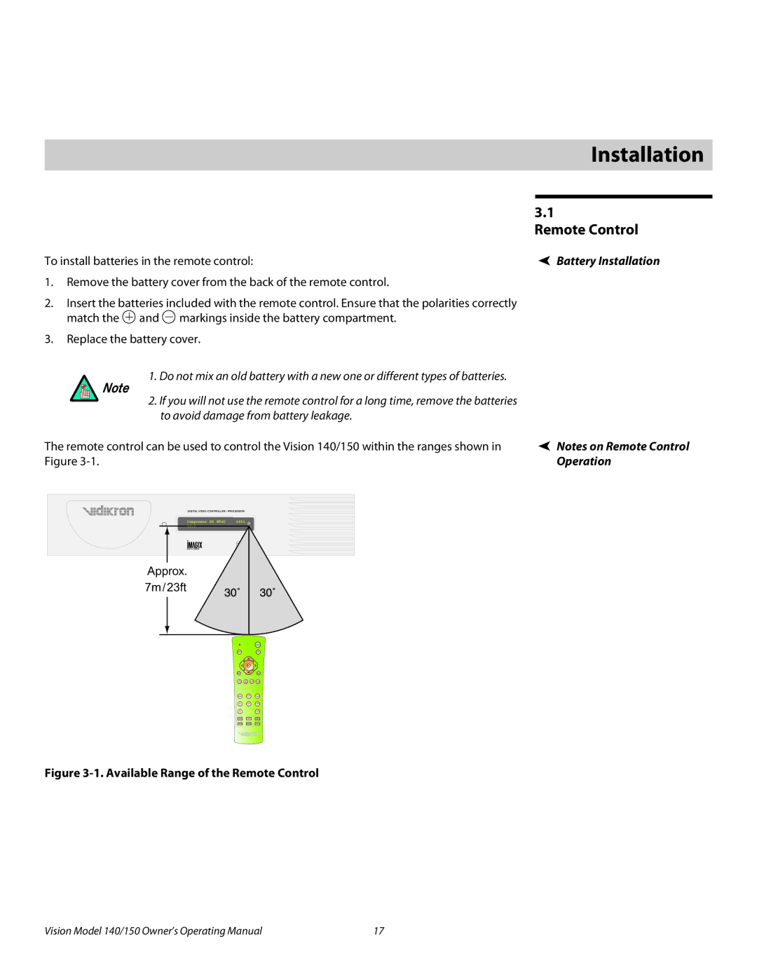 Vidikron 140/150 manual Remote Control, To install batteries in the remote control, Operation 