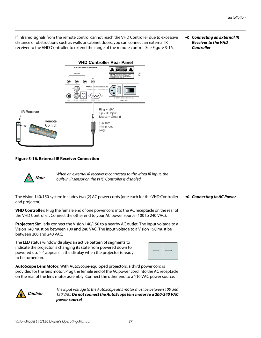 Vidikron 140/150 manual Connecting an External IR Receiver to the VHD Controller, Projector, Power source 