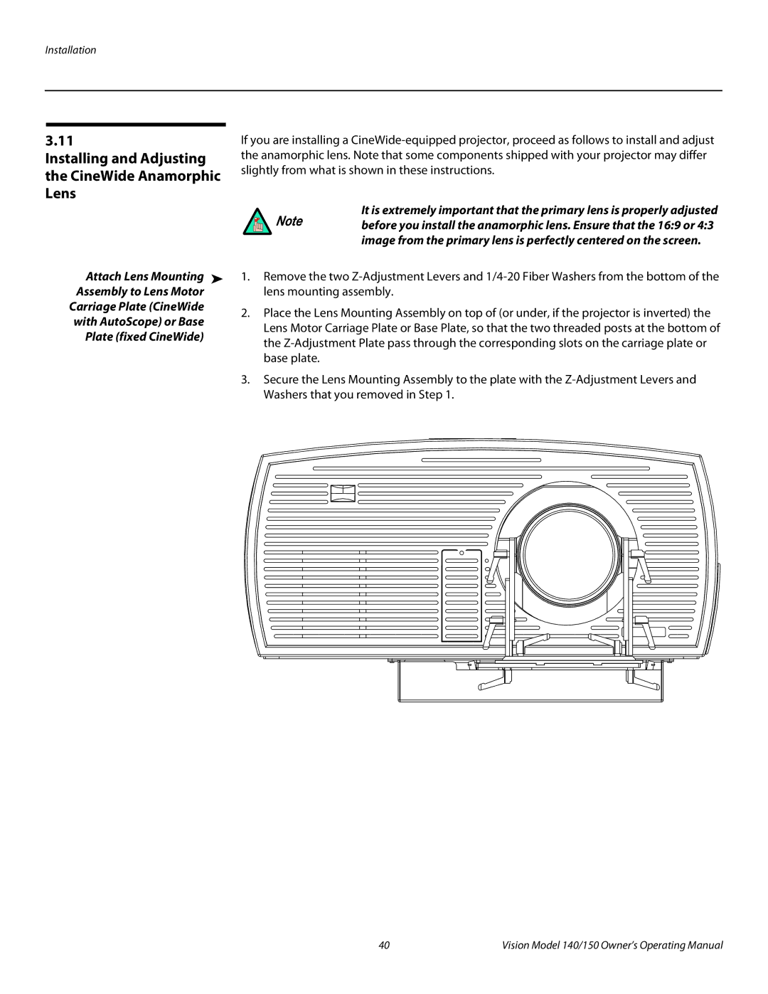 Vidikron 140/150 manual Installing and Adjusting the CineWide Anamorphic Lens, Plate fixed CineWide 