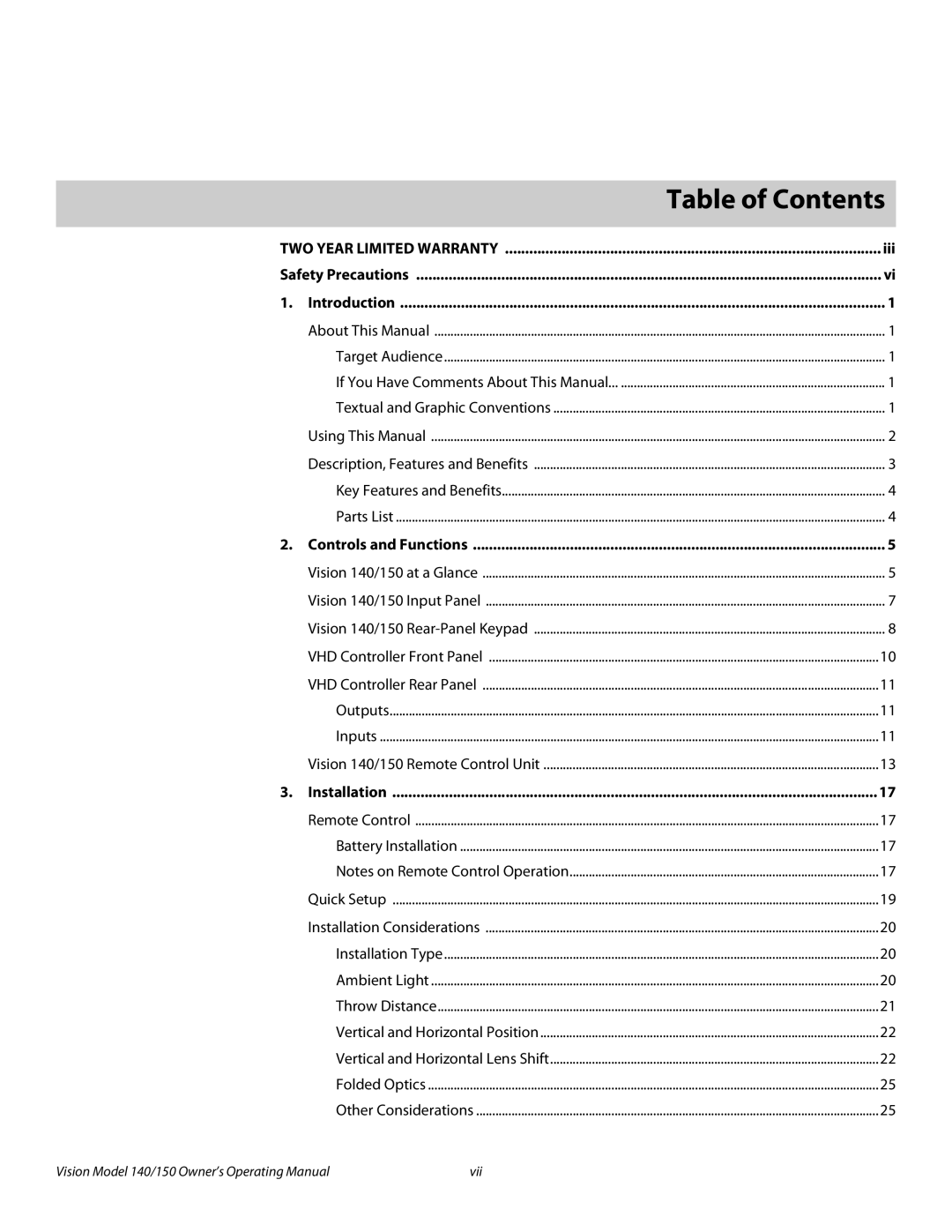 Vidikron 140/150 manual 1Table of Contents 