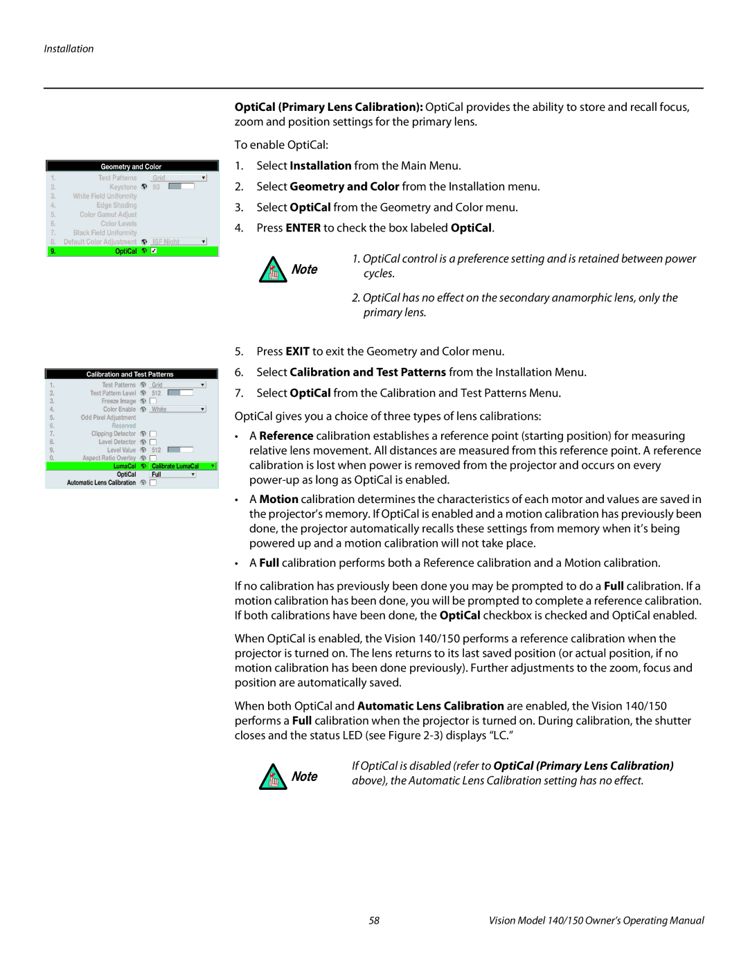 Vidikron 140/150 manual Above, the Automatic Lens Calibration setting has no effect 