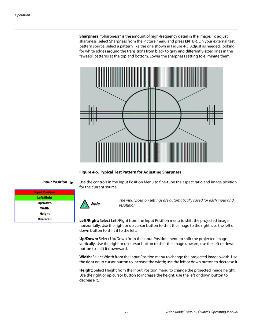 Vidikron 140/150 manual Input Position, Typical Test Pattern for Adjusting Sharpness 