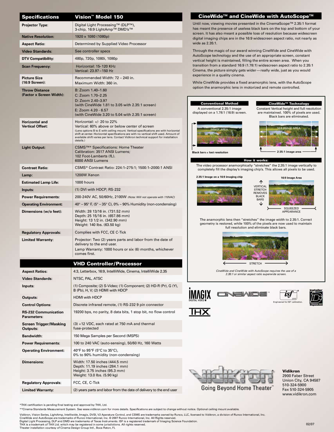 Vidikron 150 LightAmp manual Specifications, Vision Model, CineWide and CineWide with AutoScope, VHD Controller / Processor 