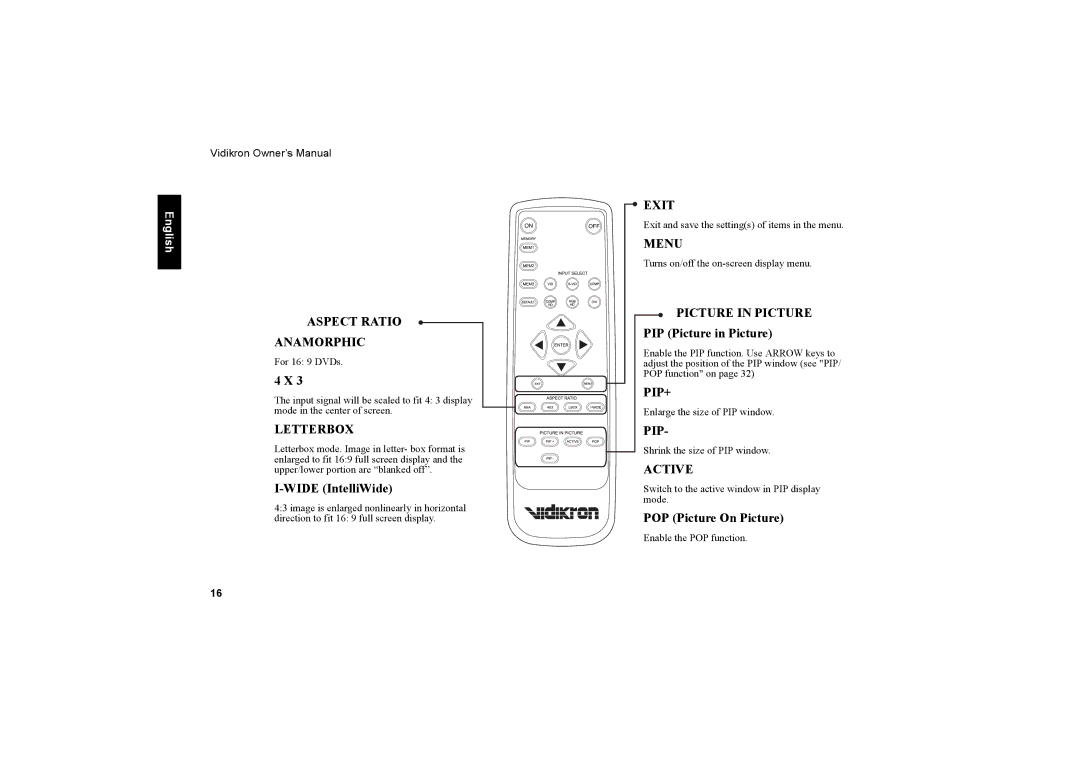 Vidikron 20ET owner manual Wide IntelliWide, PIP Picture in Picture, POP Picture On Picture 