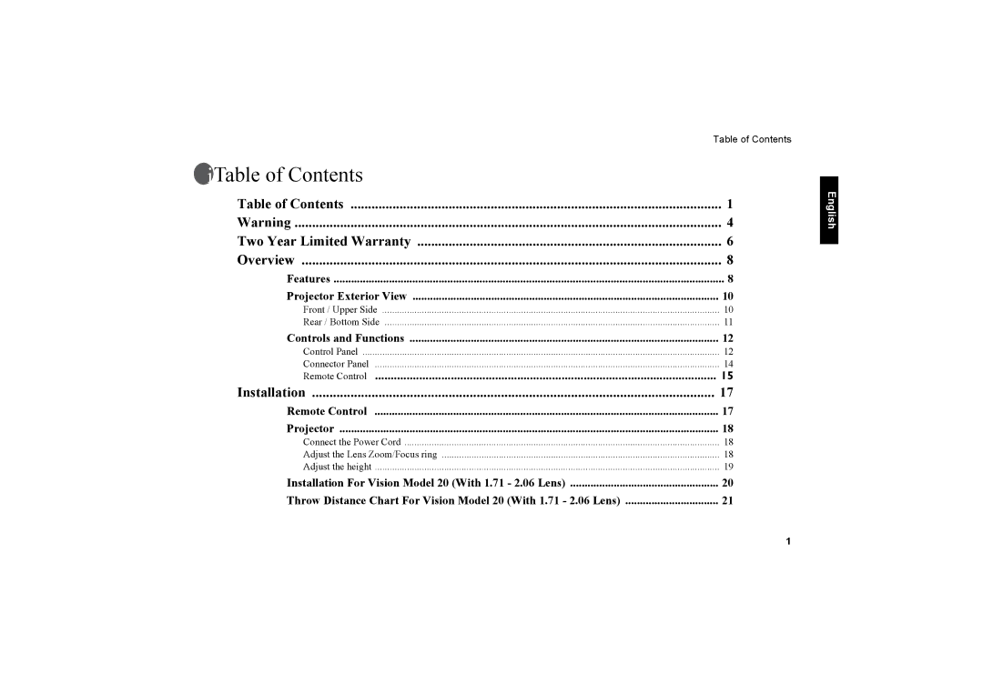 Vidikron 20ET owner manual Table of Contents 