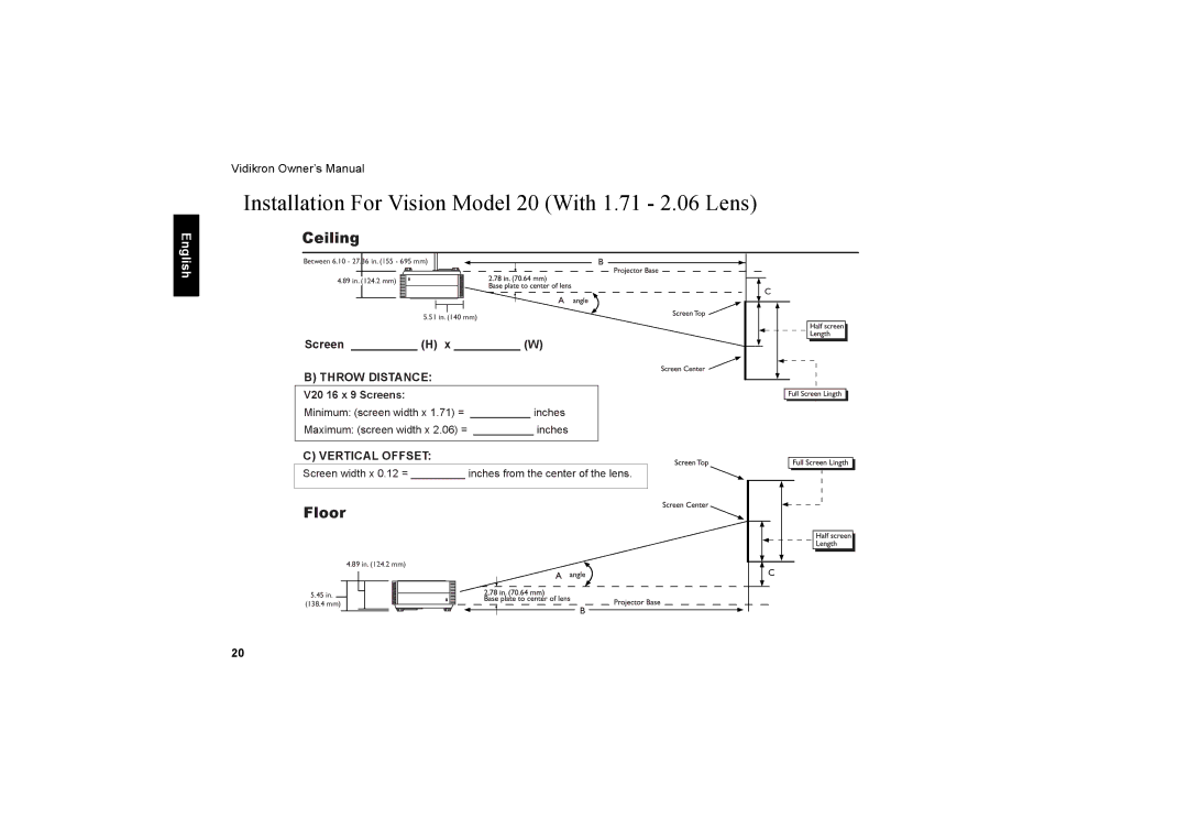 Vidikron 20ET owner manual Installation For Vision Model 20 With 1.71 2.06 Lens, Ceiling 