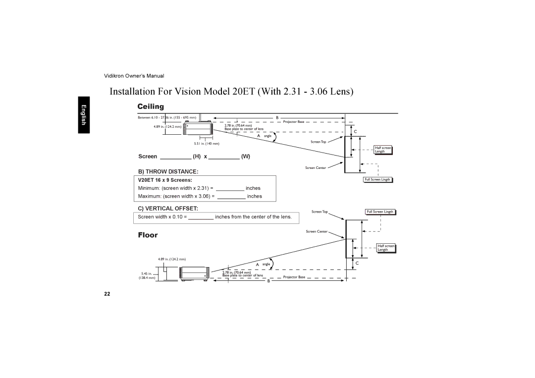 Vidikron owner manual Installation For Vision Model 20ET With 2.31 3.06 Lens, Ceiling 