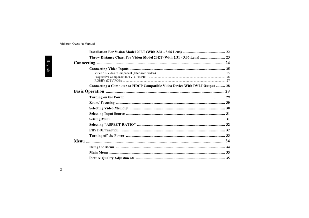 Vidikron 20ET owner manual Connecting Video Inputs, Using the Menu Main Menu Picture Quality Adjustments 