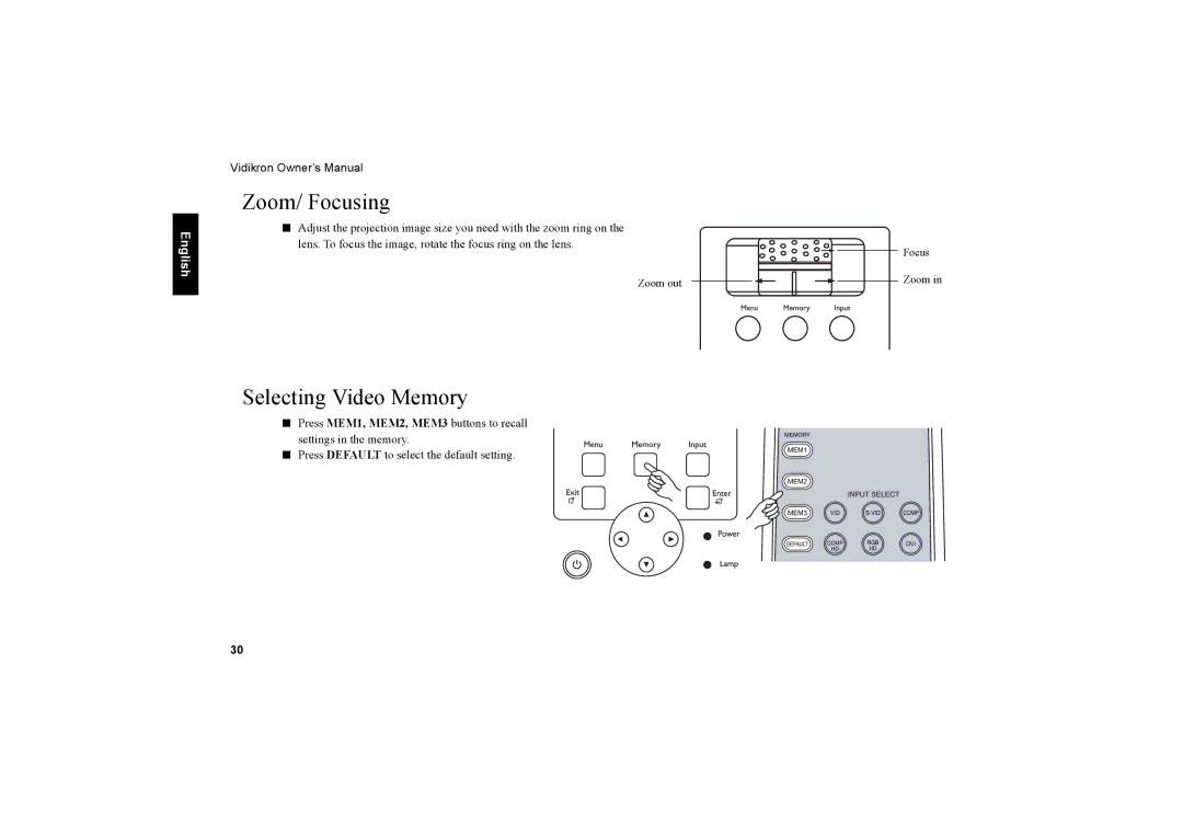 Vidikron 20ET owner manual Zoom/ Focusing, Selecting Video Memory 