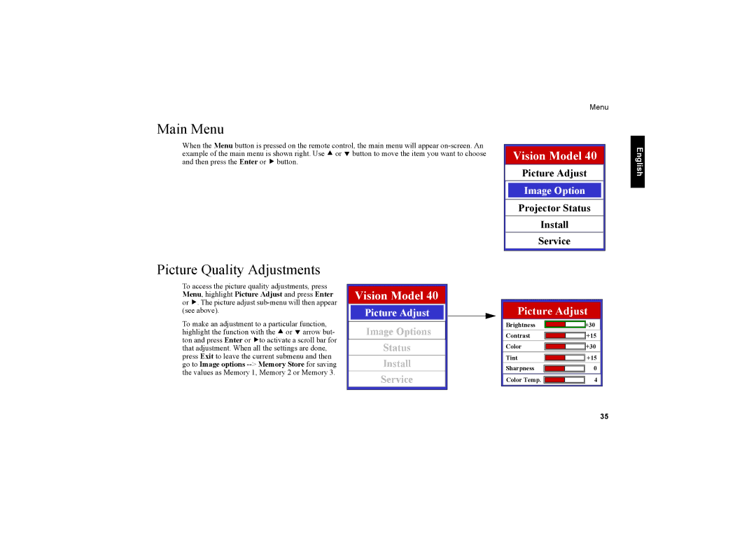 Vidikron 20ET owner manual Main Menu, Picture Quality Adjustments, Picture Adjust, Projector Status Install Service 