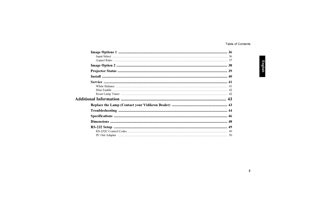 Vidikron 20ET owner manual Image Options, Image Option Projector Status Install Service 