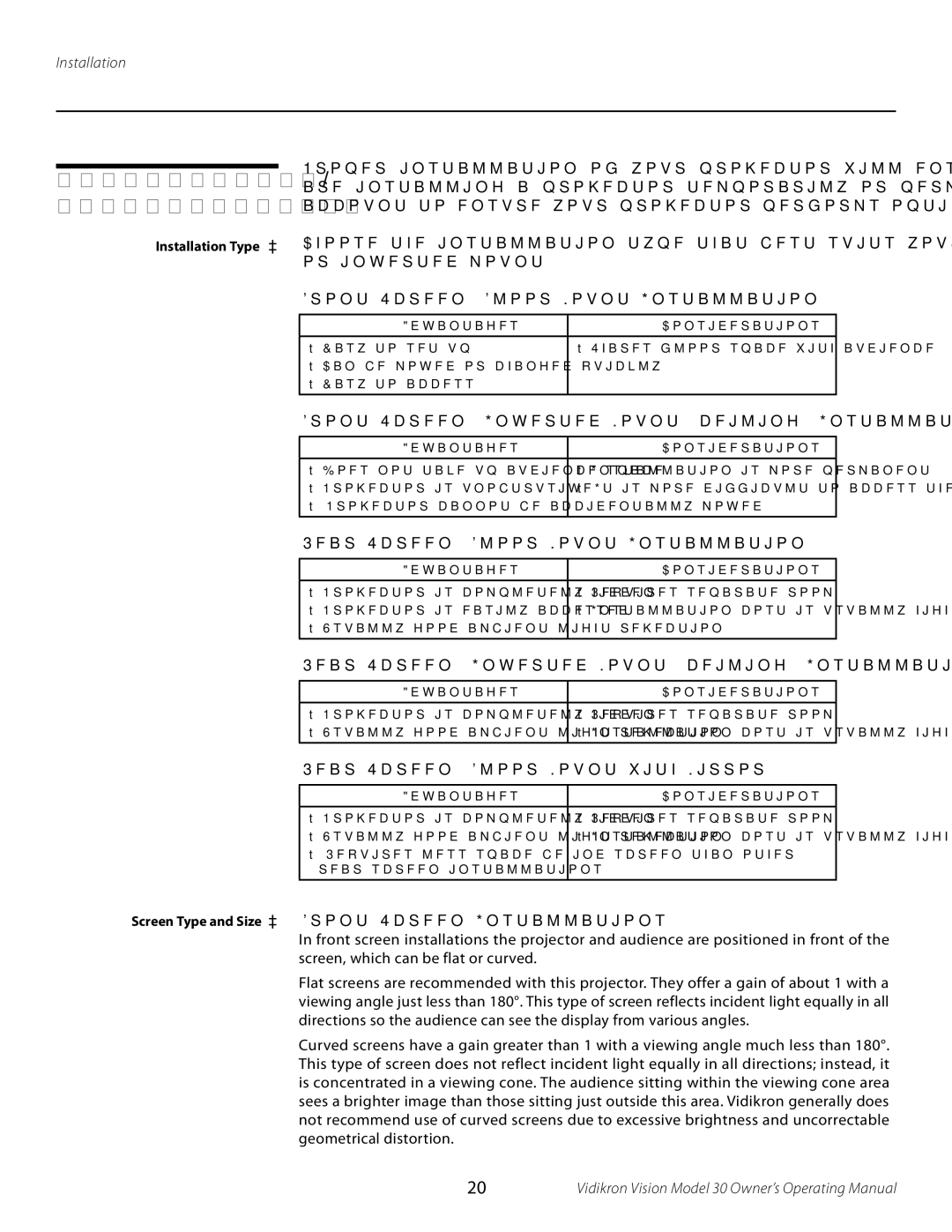 Vidikron 30 manual Installation Considerations, Screen Type and Size Front Screen Installations 