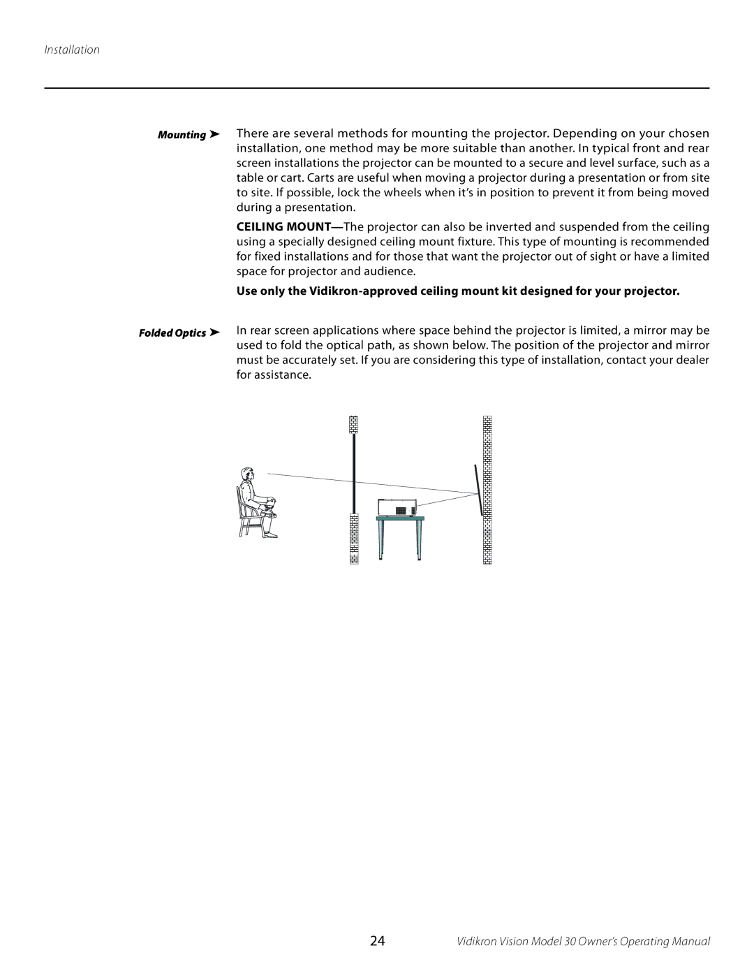 Vidikron 30 manual Mounting Folded Optics 