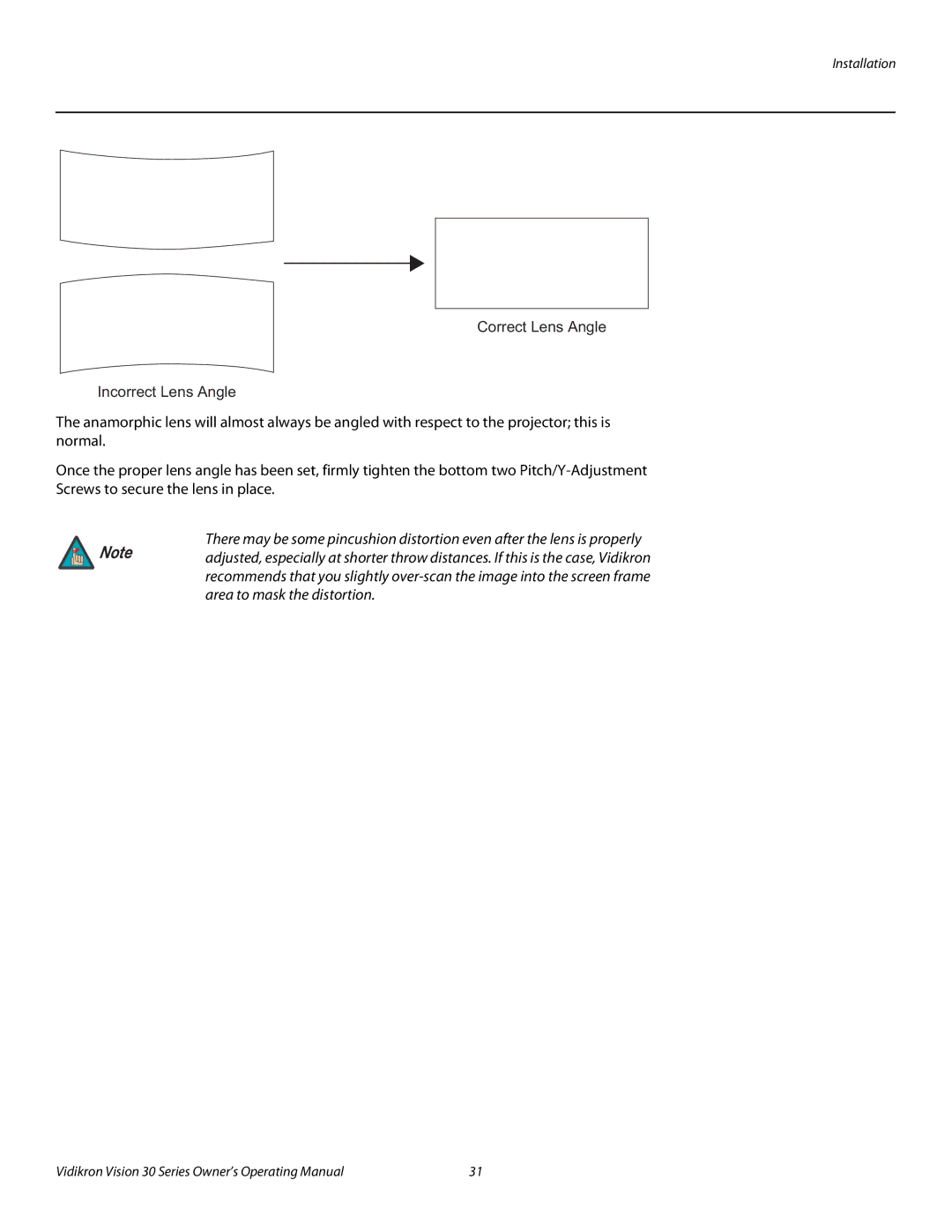 Vidikron 30ET manual Correct Lens Angle Incorrect Lens Angle 