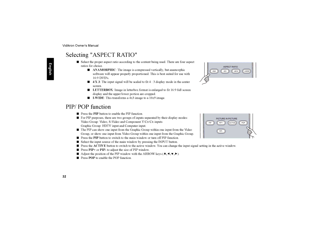 Vidikron 40 40ET owner manual Selecting Aspect Ratio, PIP/ POP function 