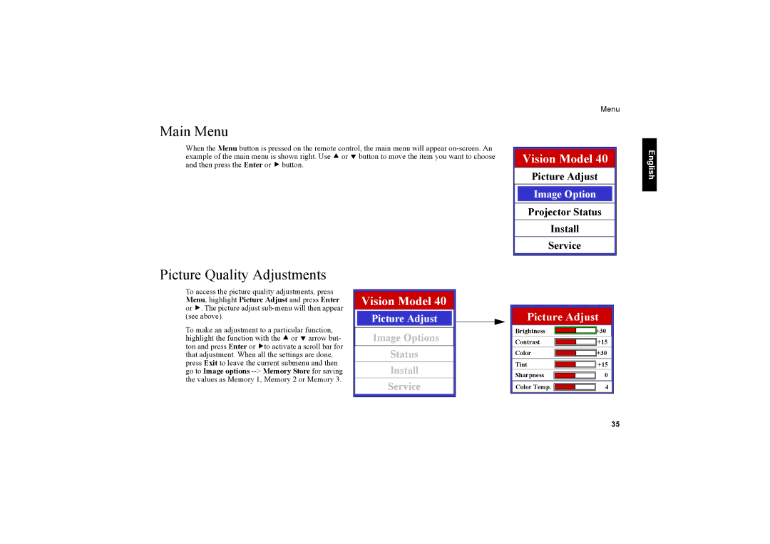 Vidikron 40 40ET owner manual Main Menu, Picture Quality Adjustments, Picture Adjust, Projector Status Install Service 