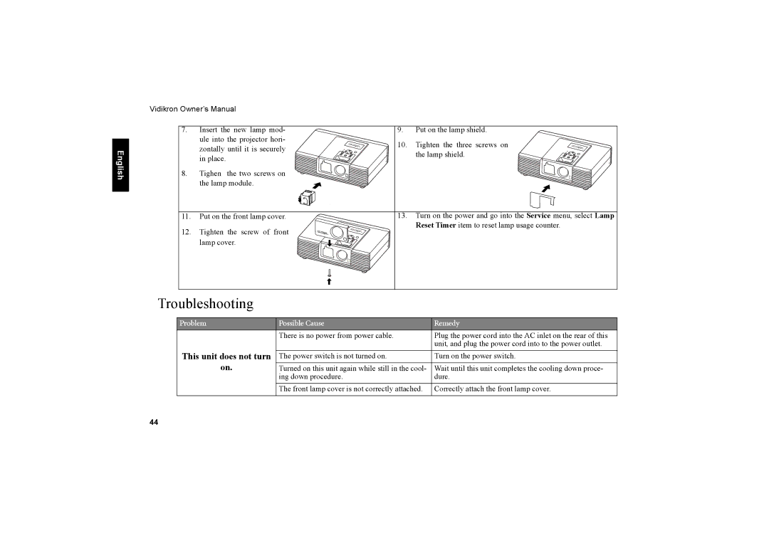 Vidikron 40 40ET owner manual Troubleshooting, This unit does not turn 