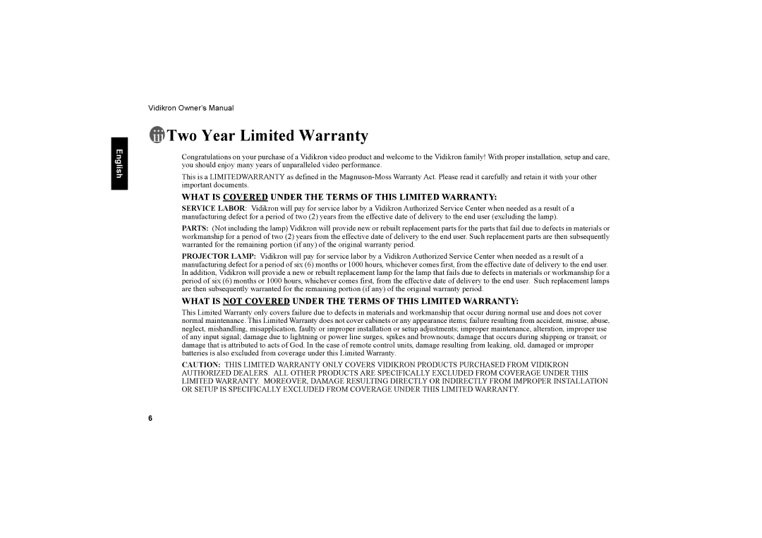 Vidikron 40 40ET owner manual Two Year Limited Warranty 