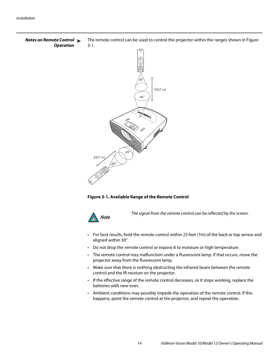 Vidikron 40828 manual Operation, Available Range of the Remote Control 