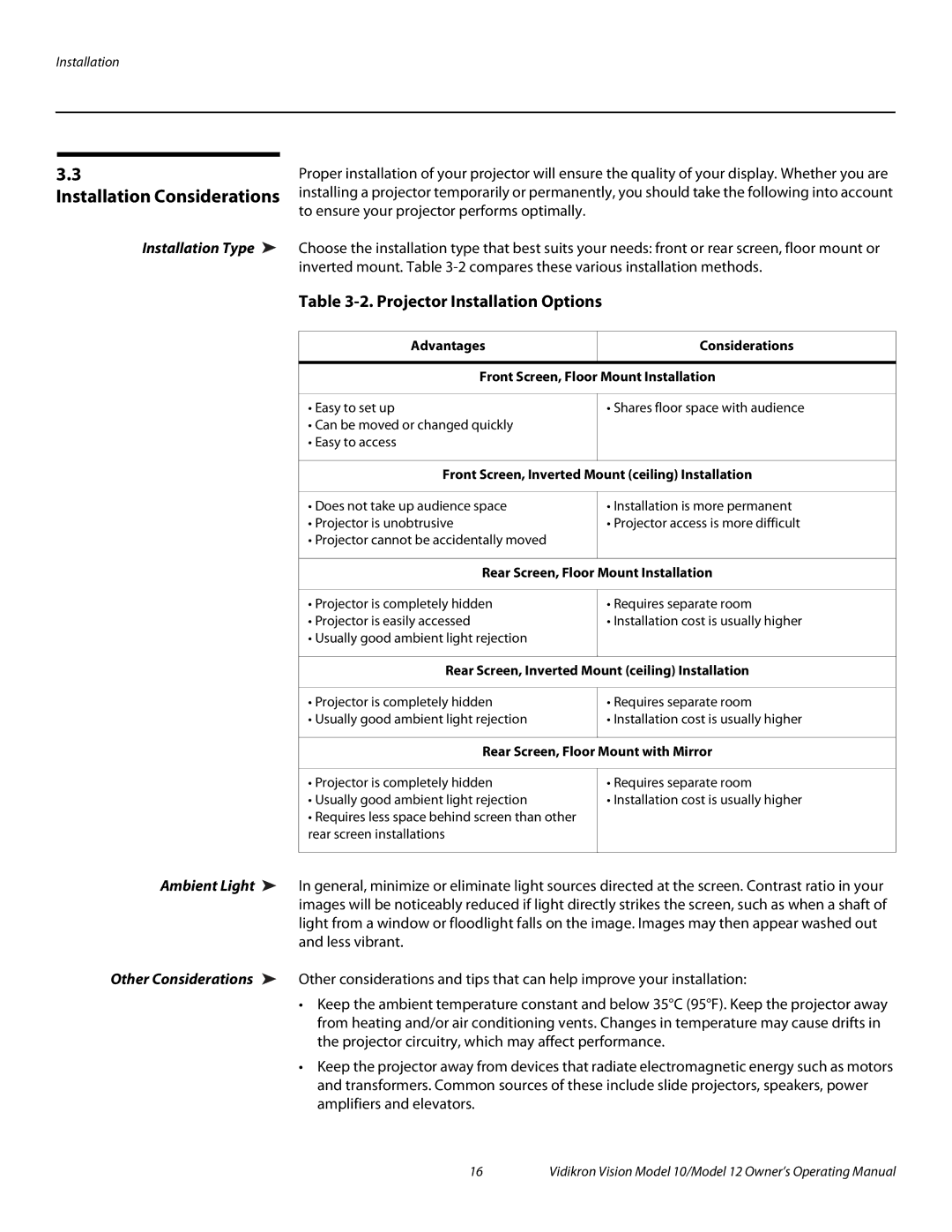 Vidikron 40828 Installation Considerations, Projector Installation Options, Installation Type, Advantages Considerations 