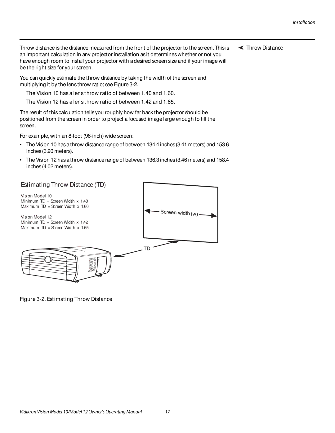 Vidikron 40828 manual Estimating Throw Distance TD 